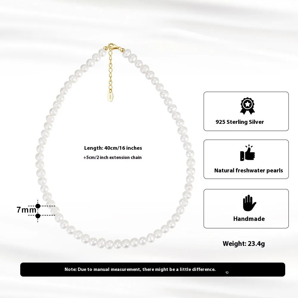 Women's freshwater pearl necklace with adjustable sterling silver chain showing 6-7mm natural pearls