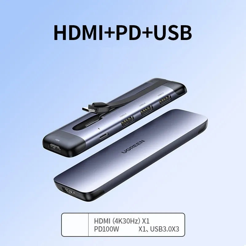 USB-C to HDMI, USB 3.0, PD charging, VGA, and Ethernet docking station adapter with short cable.