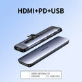 USB-C to HDMI, USB 3.0, PD charging, VGA, and Ethernet docking station adapter with short cable.