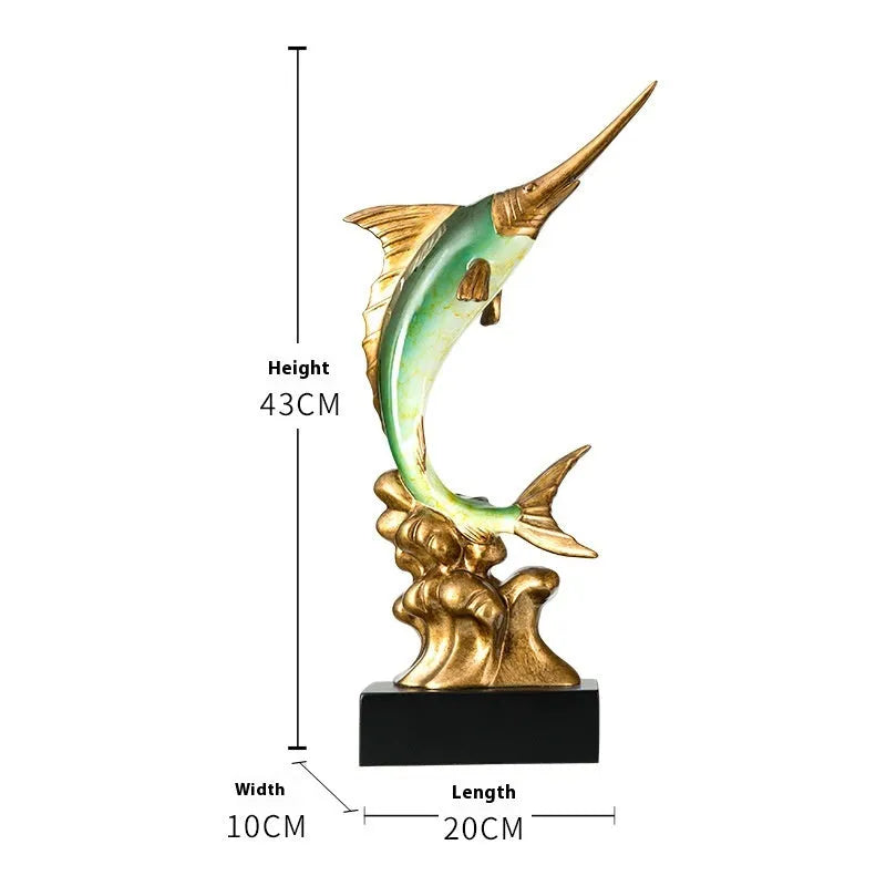 A European-style swordfish sculpture decoration in resin, shown in one of four colour options.
