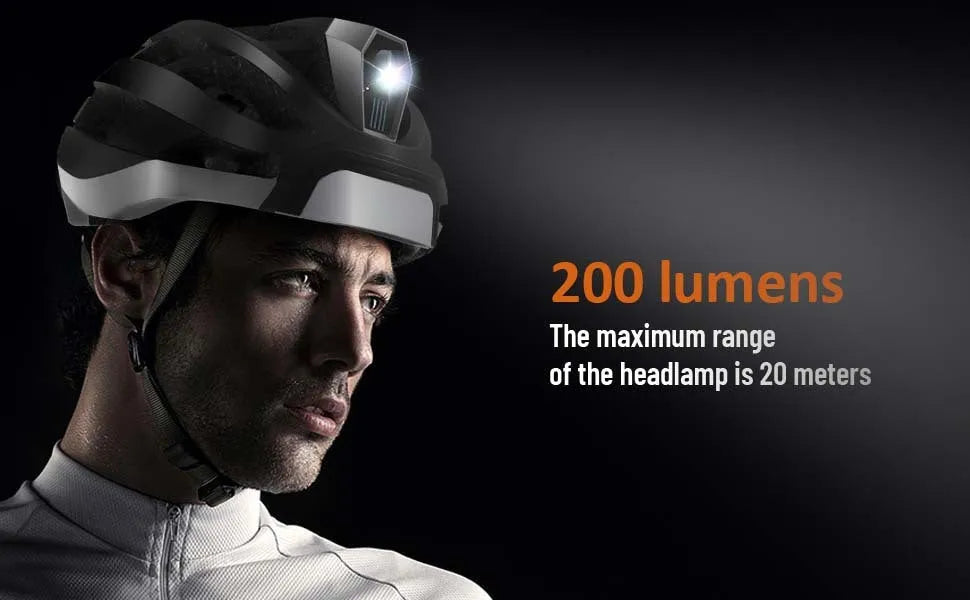 Black and grey smart cycling helmet with integrated LED warning lights on rear and Bluetooth connectivity