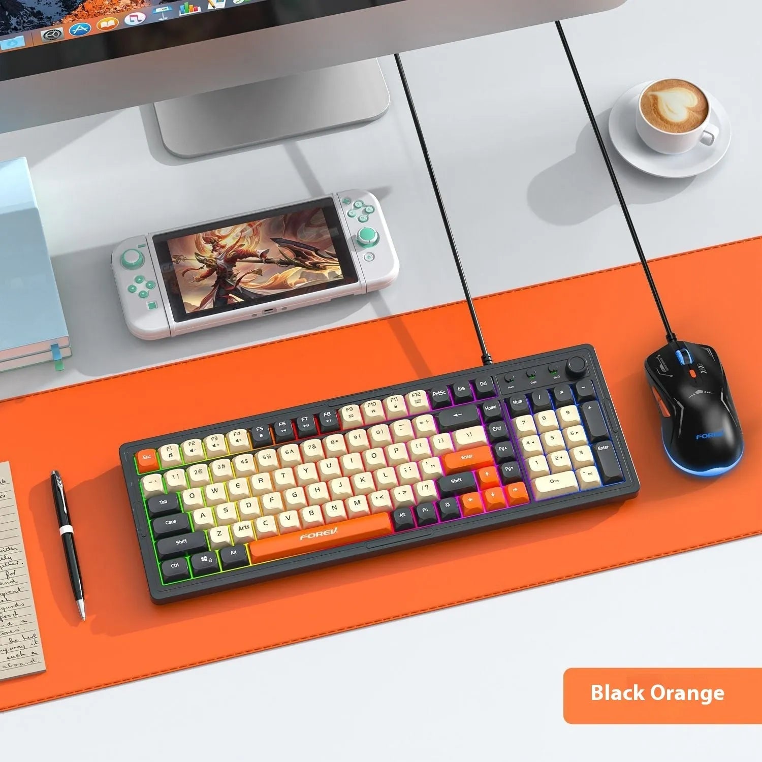 Customisable mechanical keyboard and wireless mouse set in selected colour on a desk