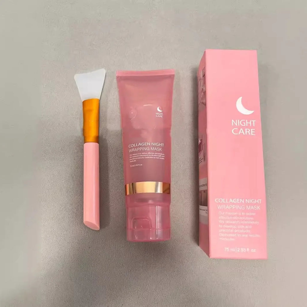 75ml bottle of collagen face night mask with application brush for evening skin care.