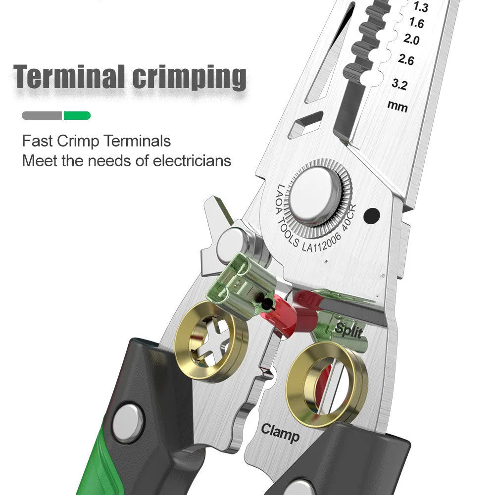 Stainless steel wire stripper tool with seven stripping holes and two-colour ABS handles.