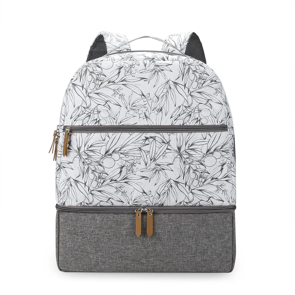 Grey insulated mother and child travel mummy backpack with curved shoulder straps and multiple compartments