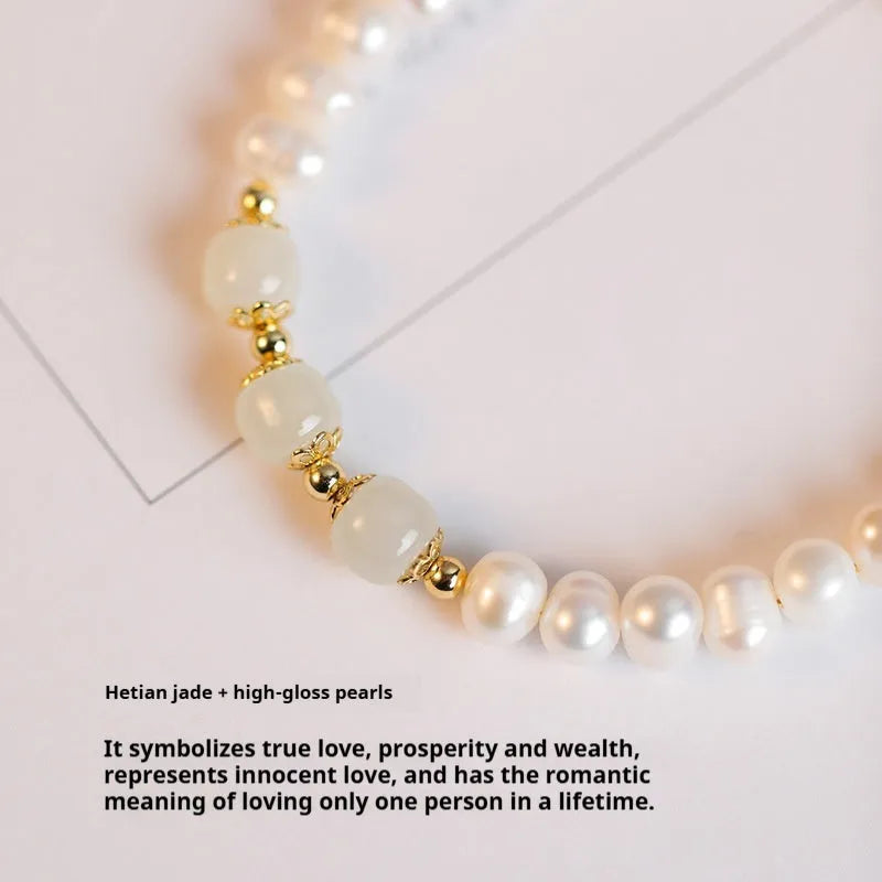 Korean style natural freshwater pearl bracelet with diamond-shaped electroplated pearls in Hetian jade colour