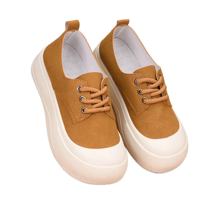 Women's camel suede platform loafers with 4cm height increase and flat rubber soles