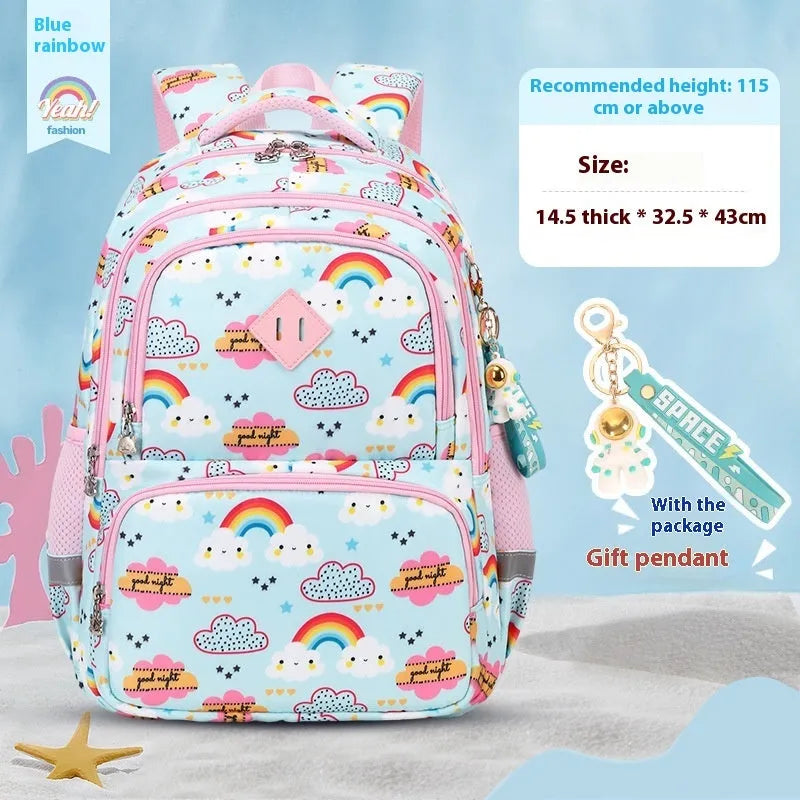 Blue children's waterproof school backpack with dinosaur print and curved shoulder straps