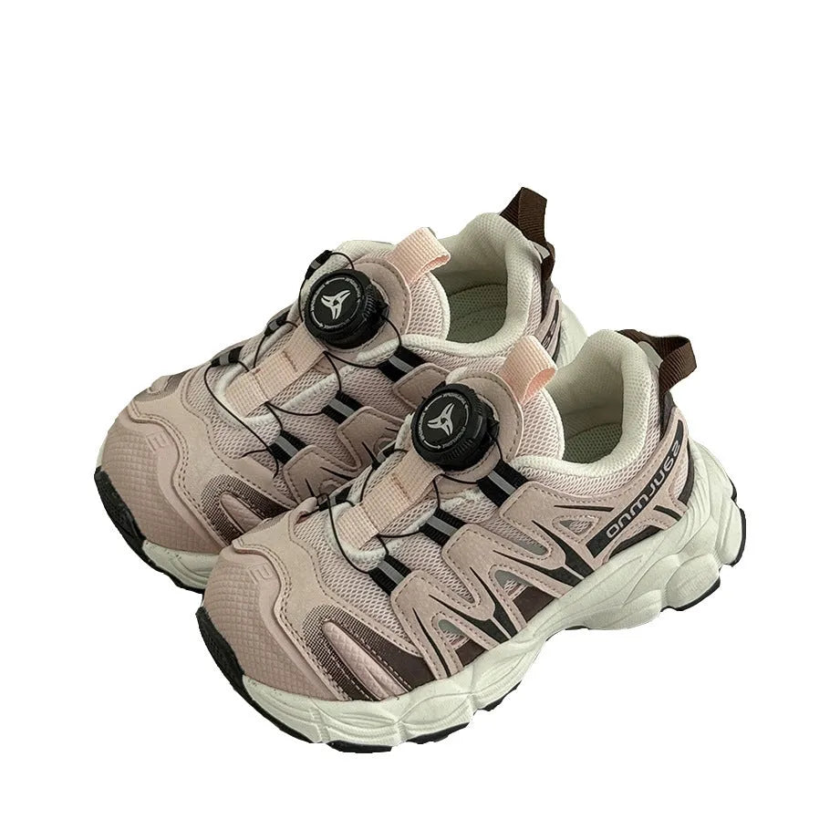 Girls lightweight casual shoes with PU leather mesh upper in black, beige, or pink colours.