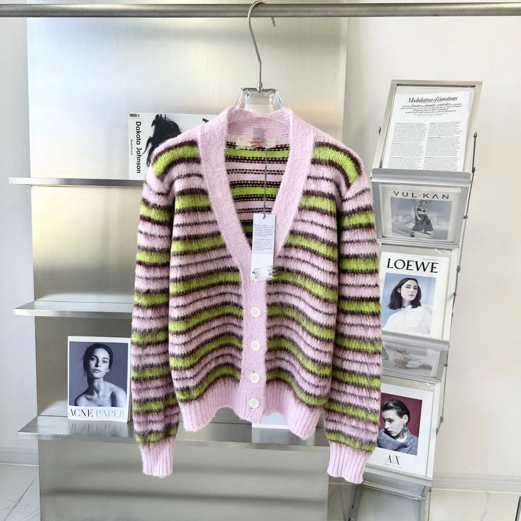 Pink wool knitted cardigan sweater in round-neck pullover and cardigan styles with contrast colour detailing