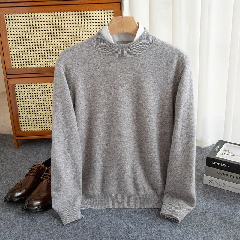 Men's half-collar loose fit wool sweater in a choice of colours including black, brown, and grey.