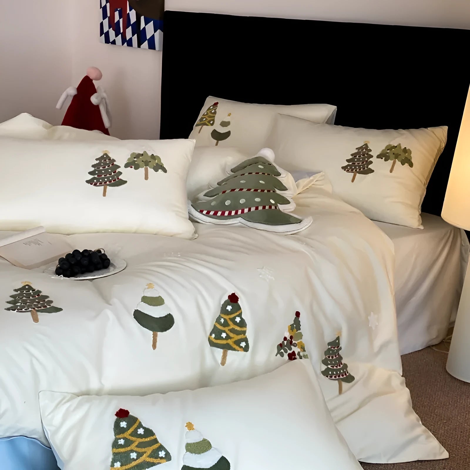 Christmas tree towel embroidery on pure cotton bedding set with botanical patterns