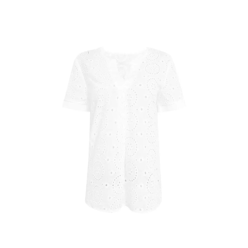 White women's V-neck T-shirt with hollow-out pattern and short sleeves in loose fit