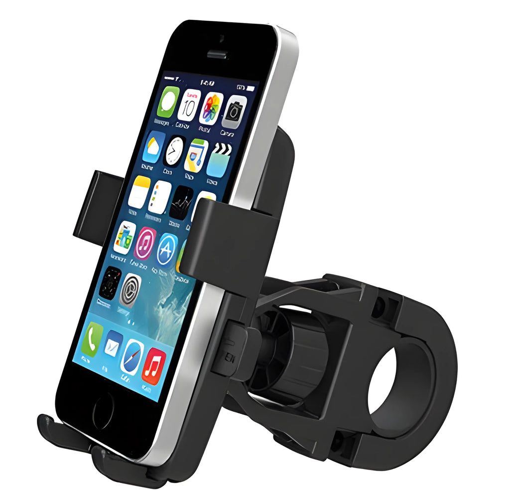 Black ABS plastic bicycle phone holder mounted on handlebars with elastic security strap, for smartphones up to 5.3 inches.