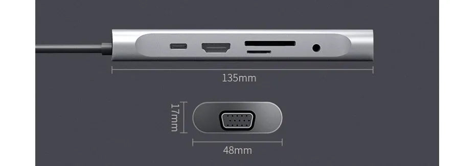 Grey aluminium alloy USBC docking station with HDMI, VGA, and USB ports
