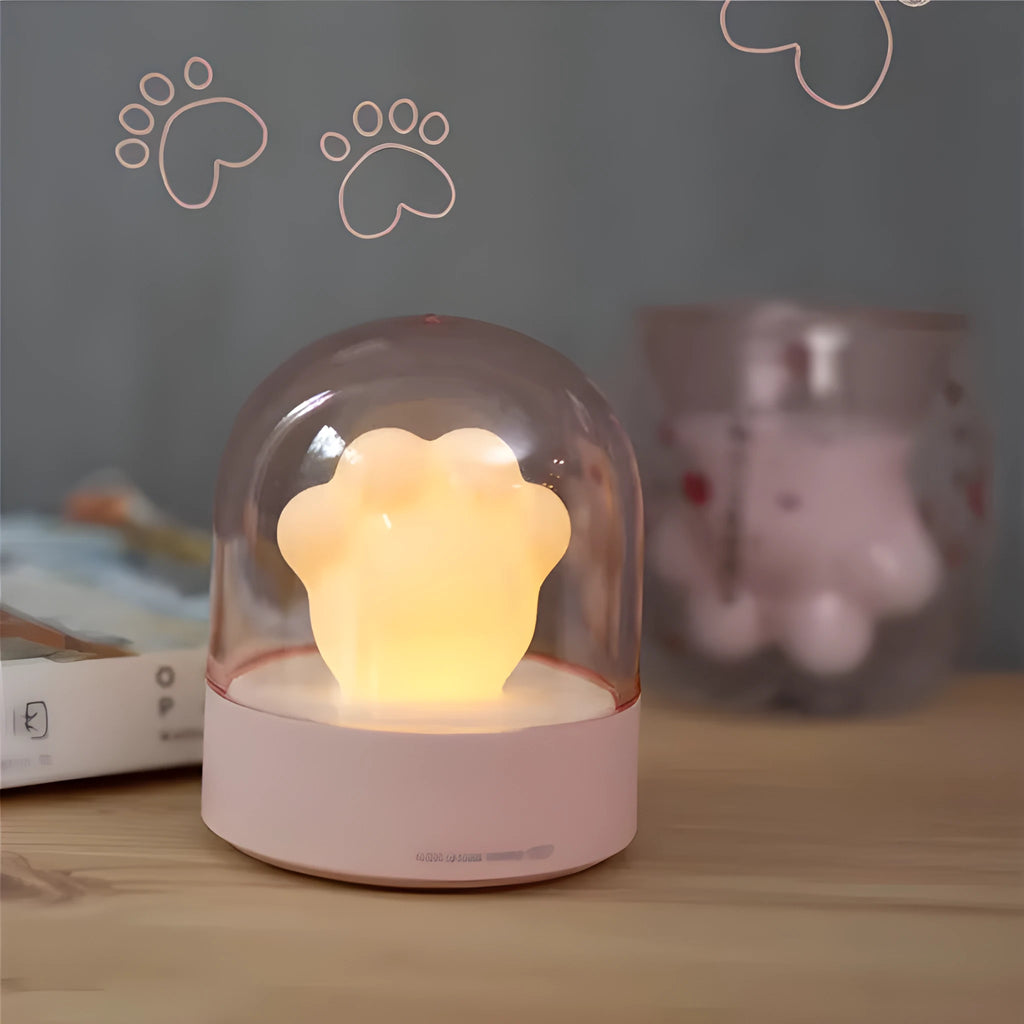 Grey and pink cat paw shaped USB rechargeable night light with musical functions