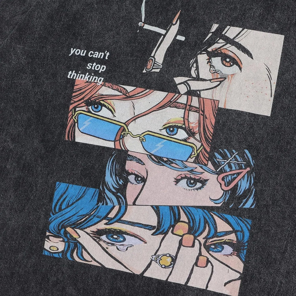 Men's retro cotton t-shirt with cartoon digital printing in loose streetwear fit