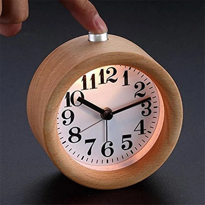 Solid beech wood bedside alarm clock with analogue display and silent snooze mechanism