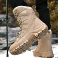 Cowhide leather hi-top hiking shoes for outdoor activities in black brown beige colours