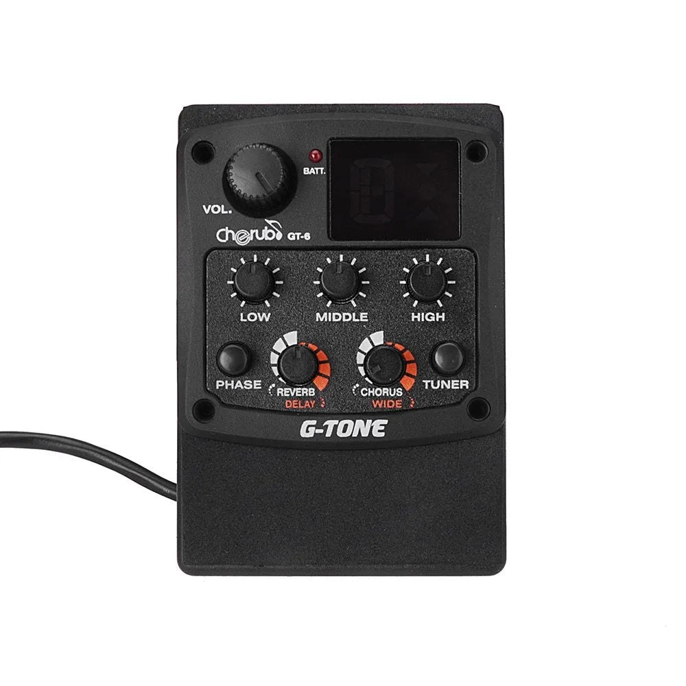 Black Cherub GT-6 acoustic guitar hole-mount preamp with volume, tone, EQ, and effects knobs.
