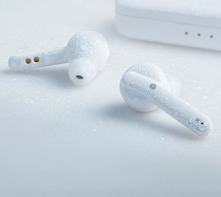 Black and white true wireless Bluetooth 5.0 earbuds with IPX5 waterproof rating