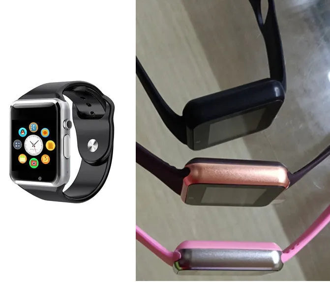 A1 Android smart watch with colour screen on wrist, showing GSM SIM and camera features, in choice of eight colours.