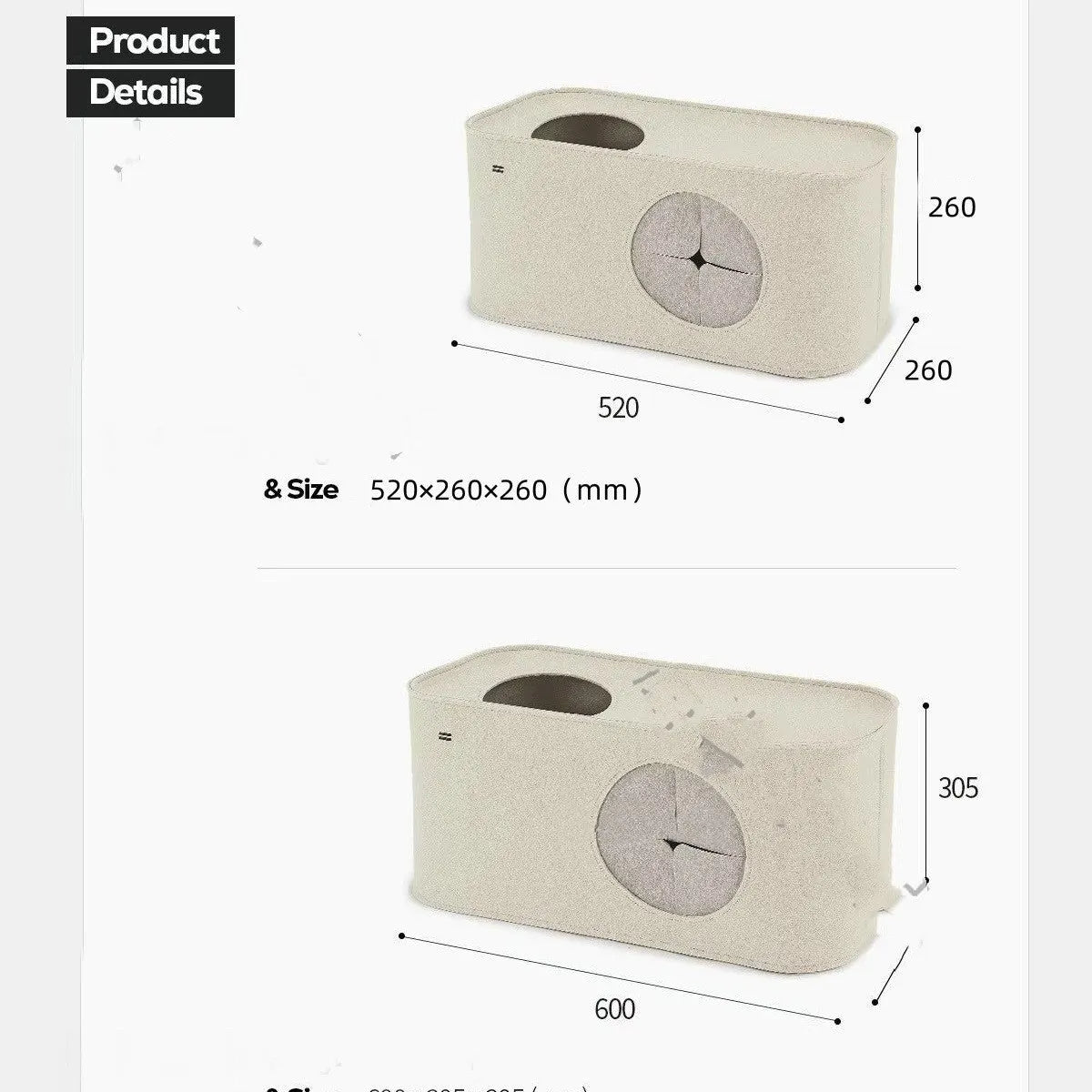 A foldable grey felt cat nest bed shown next to a folded flat version.