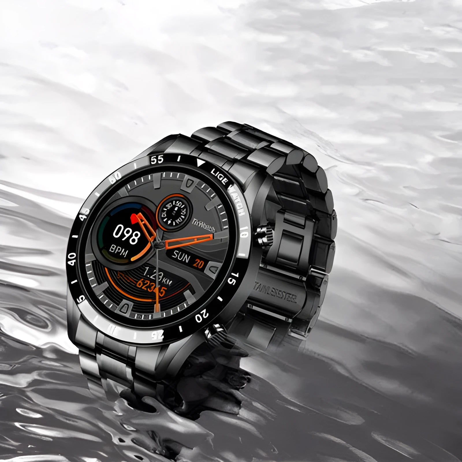 Stainless steel smart watch with black band and 1.3 inch screen displayed on wrist.