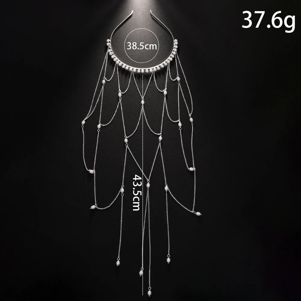 Mesh tassel hair chain with electroplated gold finish and pearl decorative elements