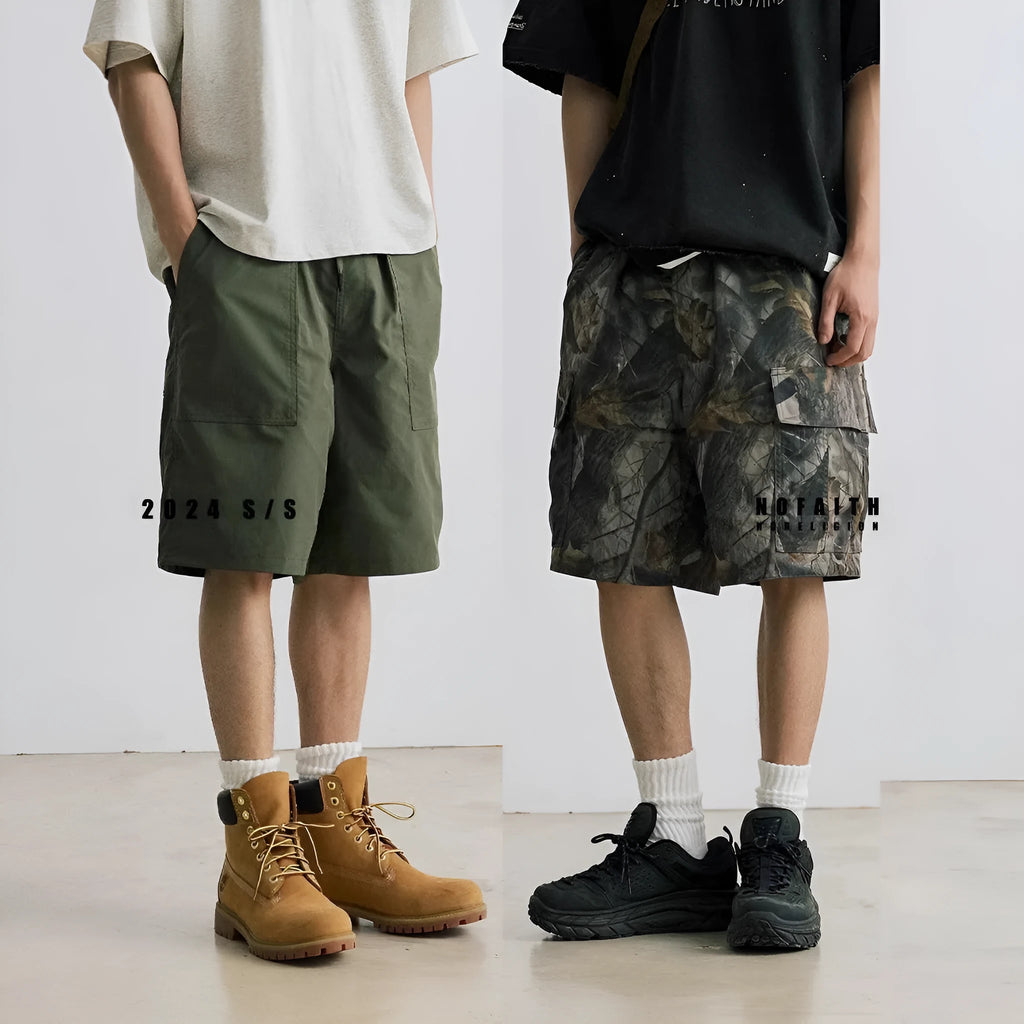 Loose casual straight-leg denim shorts in black or army green with micro-elastic waistband