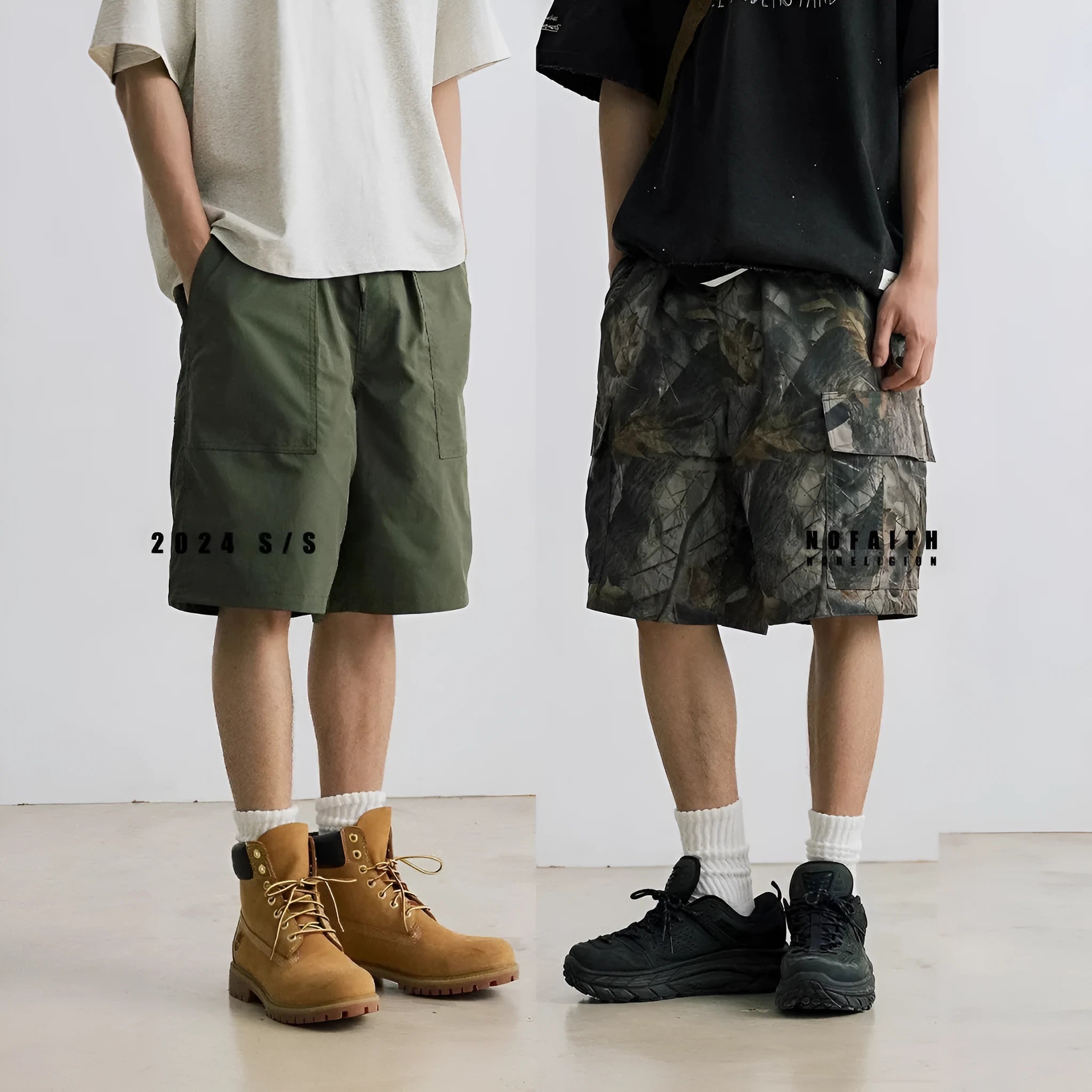 Loose casual straight-leg denim shorts in black or army green with micro-elastic waistband