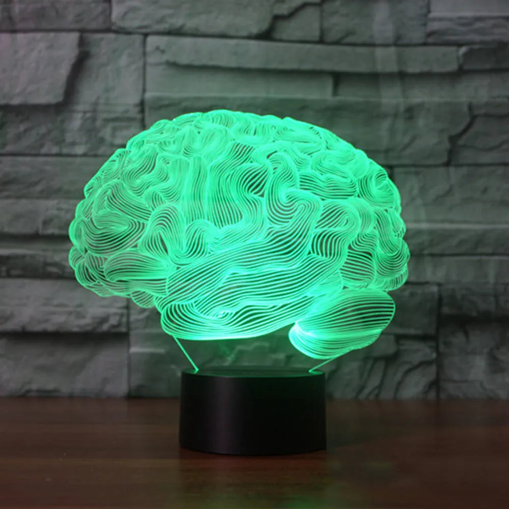 Brain-shaped 3D illusion LED desk lamp with multicolour light projection on acrylic plate and remote control.