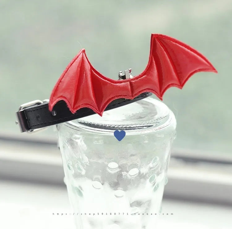 Split Home Little Devil Wings bell leather choker collar in patent leather and satin colours.