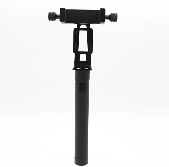 Black retractable selfie stick with phone bracket and anti-shake clip extended for use.