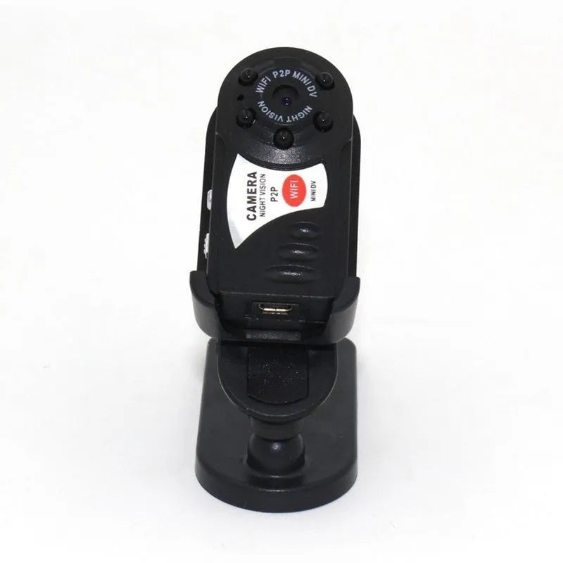 Black wireless Wifi security camera with LCD screen, for remote monitoring with night vision.