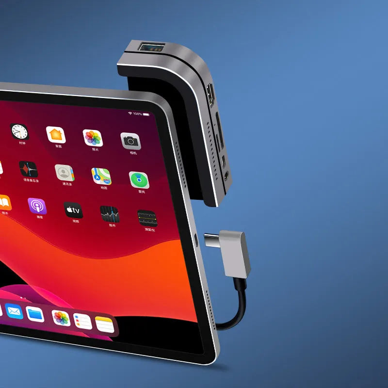 Silver aluminium USB-C docking station for iPad Pro with multiple connectivity ports