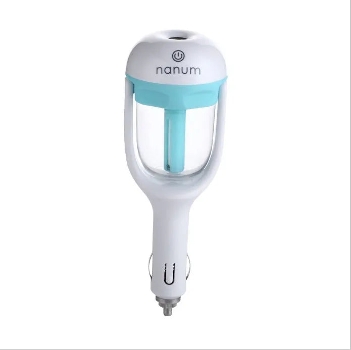 Blue portable car humidifier air purifier with 180 degree rotation on car dashboard
