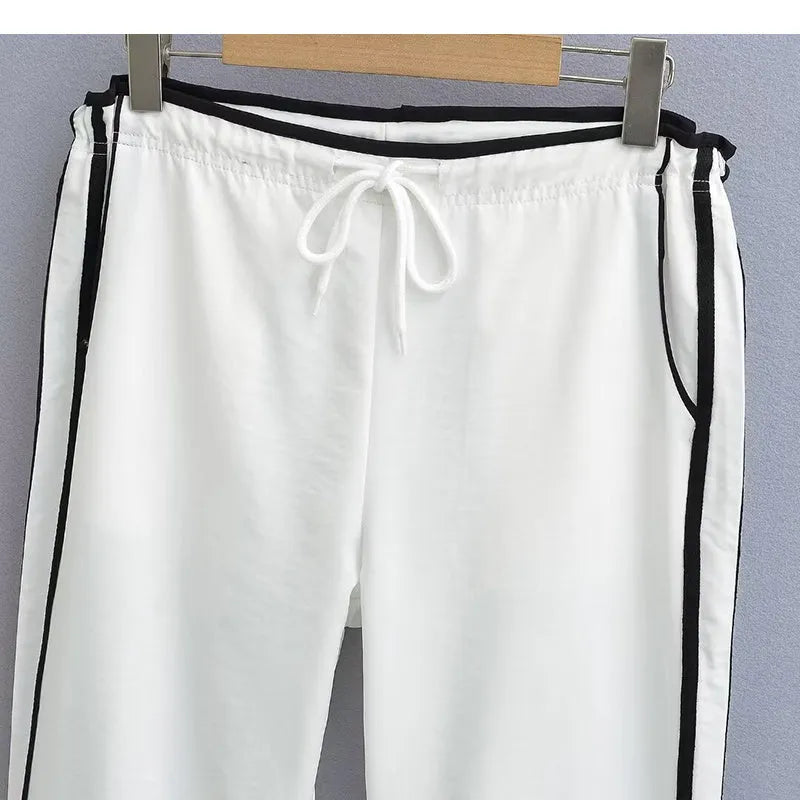 Ribbon parallel bars contrast colour loose straight slim draping trousers in thin fabric