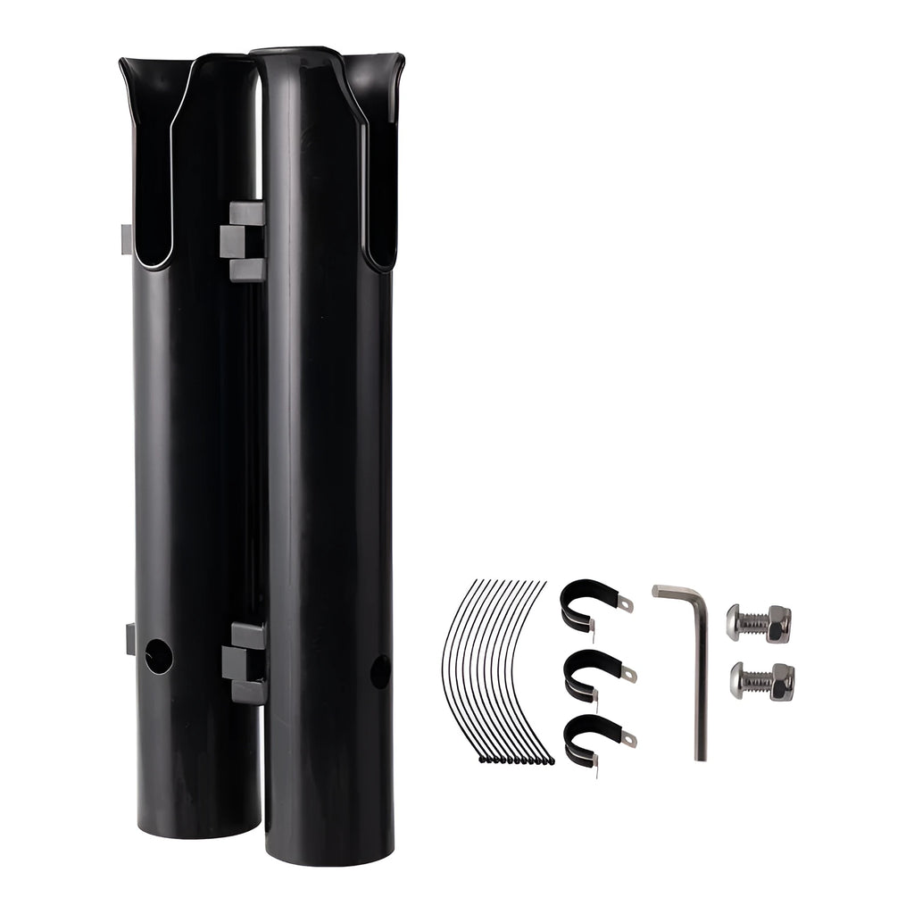 Black double-layer plastic fishing rod rack with carbon fibre frame and metal pipe clamp for bicycle handlebars