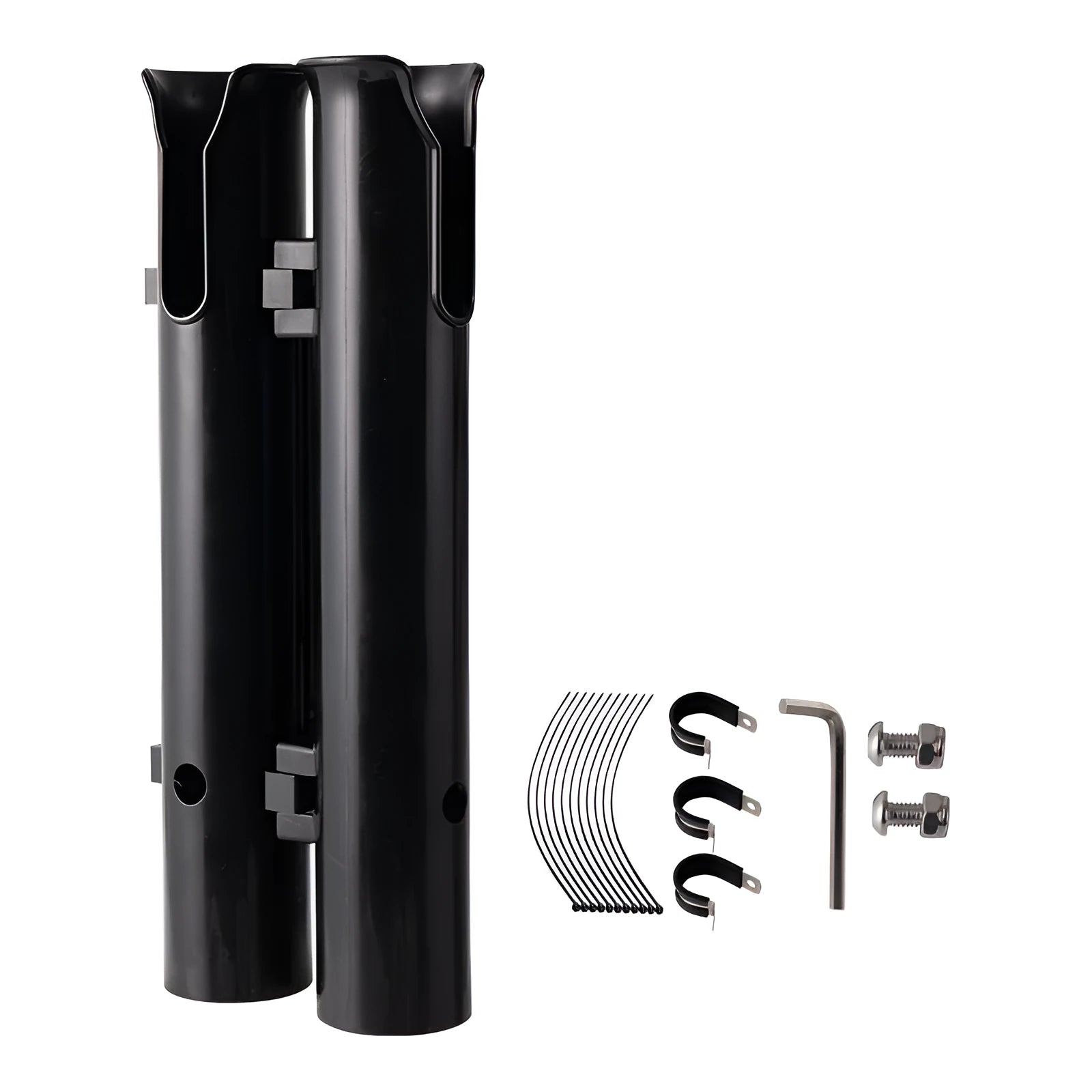 Black double-layer plastic fishing rod rack with carbon fibre frame and metal pipe clamp for bicycle handlebars