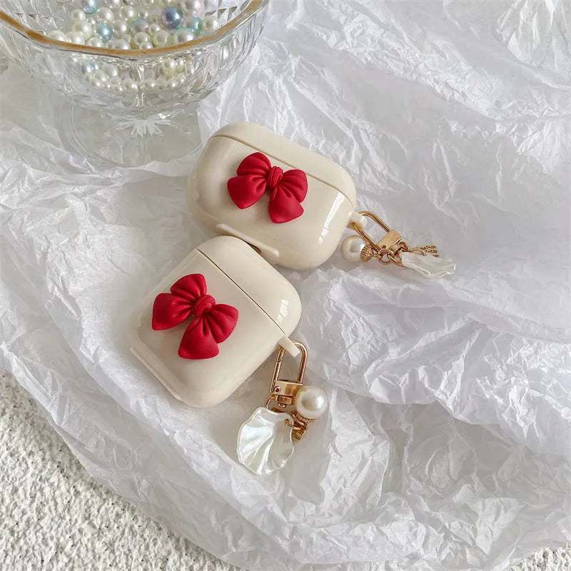 Beige red bow design TPU protective case for AirPods Pro and AirPods 1-3 wireless earphones