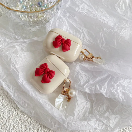 Beige red bow design TPU protective case for AirPods Pro and AirPods 1-3 wireless earphones