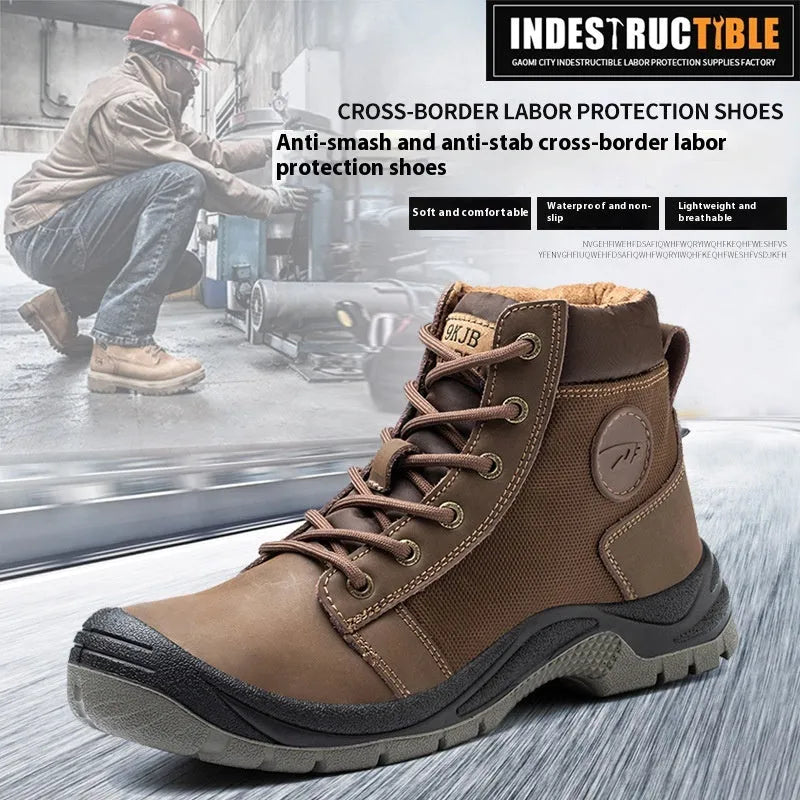Orange leather labour protection shoes with anti-smashing and puncture-resistant safety features