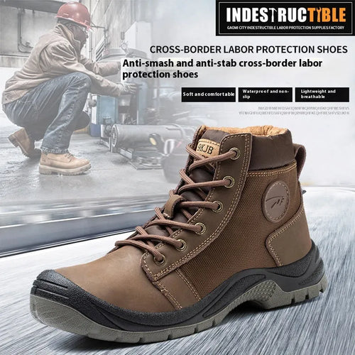 Orange leather labour protection shoes with anti-smashing and puncture-resistant safety features