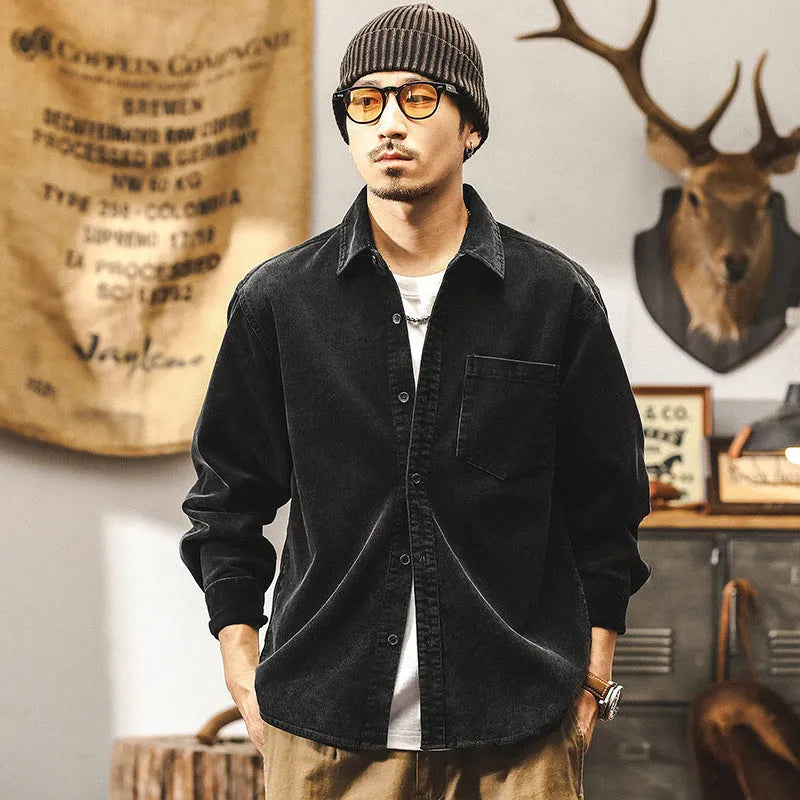 Men's retro corduroy shirt jacket in black or red with loose fit and long sleeves