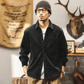Men's retro corduroy shirt jacket in black or red with loose fit and long sleeves