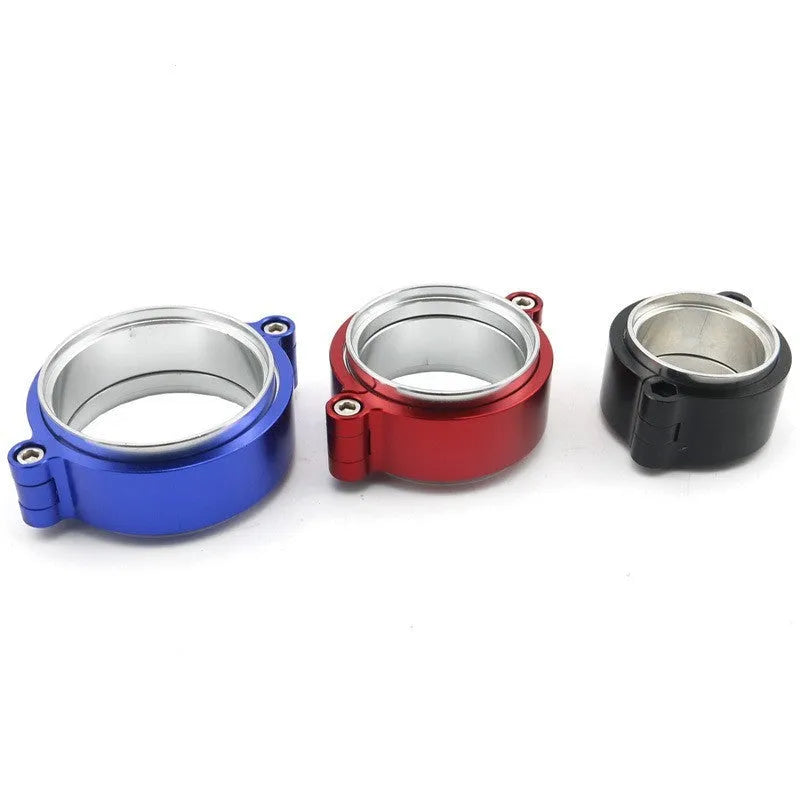 Aluminium exhaust clamp for car modifications in black, blue, or red colours