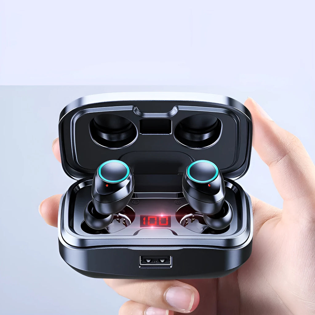 Black wireless in-ear earphones with Bluetooth 5.0 shown alongside red and blue colour variants.