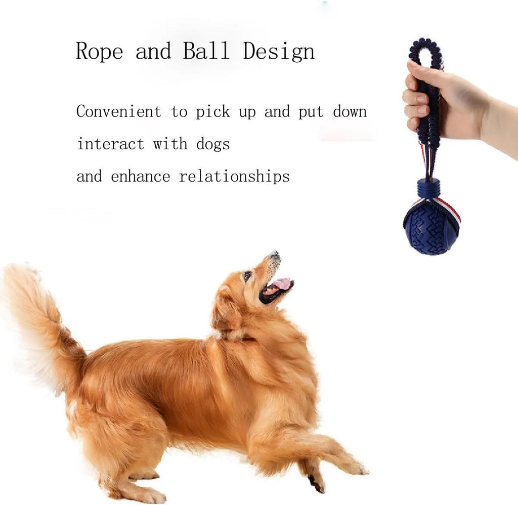 Blue rubber dog ball with rope attachment measuring 29cm long for small breed dogs