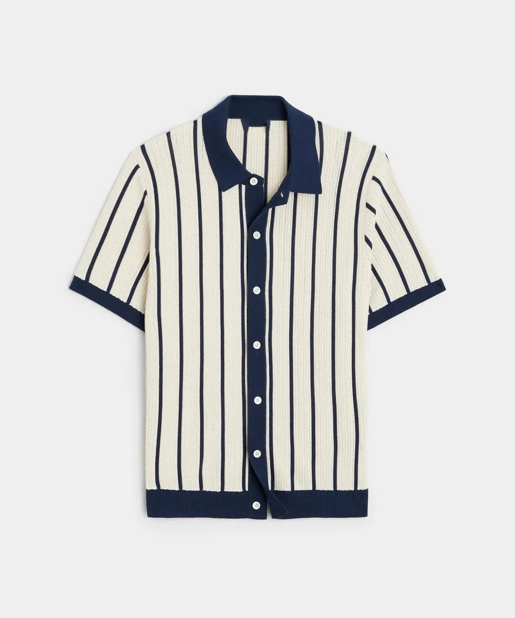 Men's white ice silk knitted polo shirt with lapel collar and asymmetric British style design